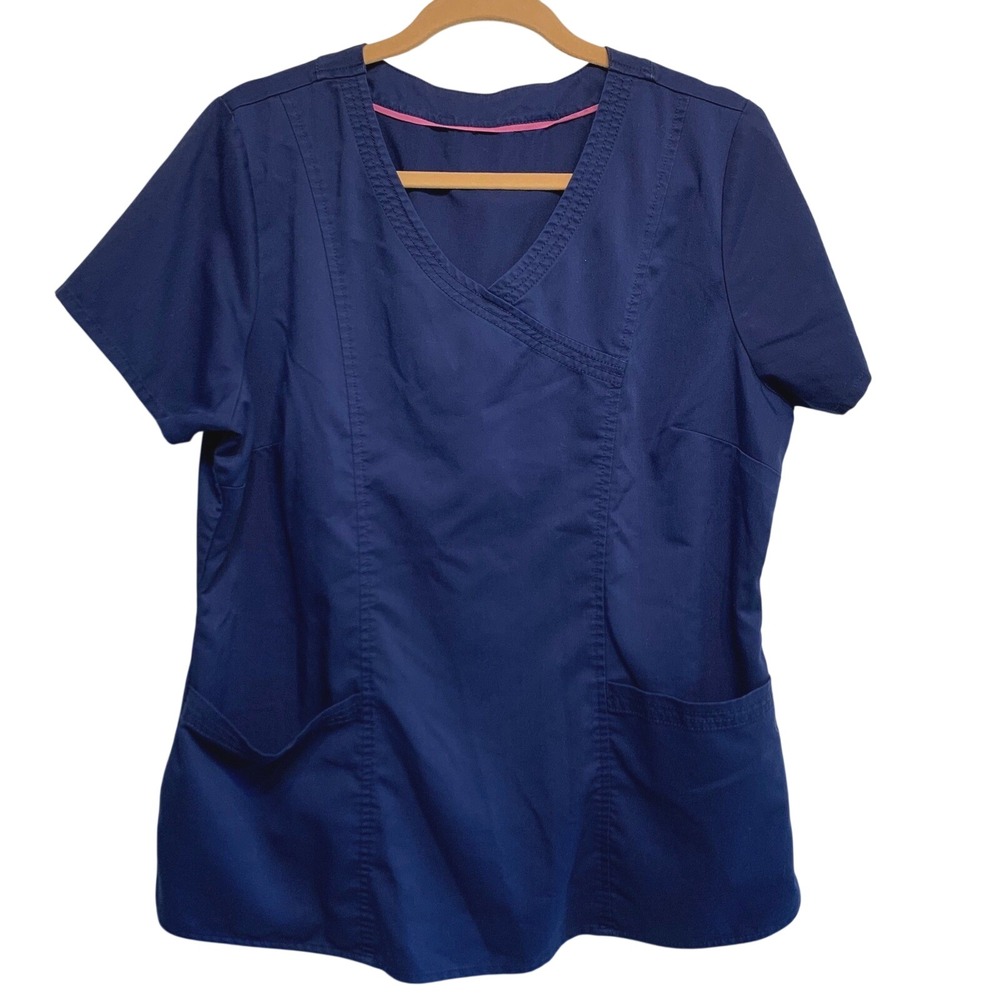 Healing Hands Workwear‎ Scrub Top L Blue Mock Wrap V-Neck Short Sleeve Pocket